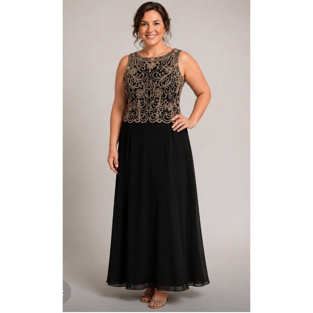 JKara Womens Beaded Gold Dress‎ Gown Black Champagne 14 Evening Formal